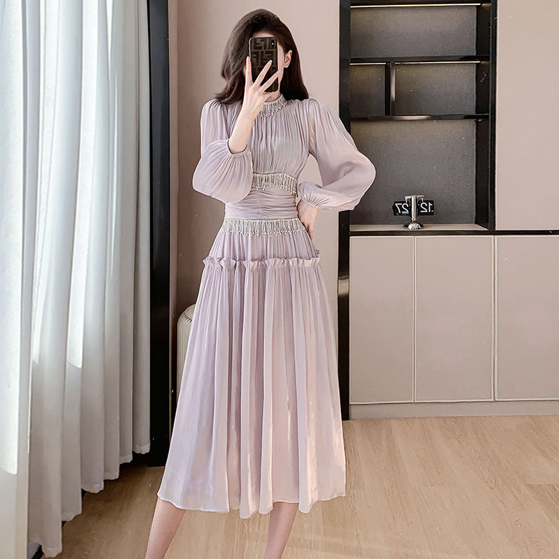 Women's Fashion Tassel Pleated Bright Silk Dress