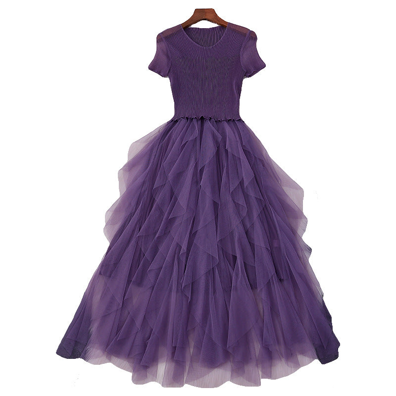Women's New Round Neck Short Sleeve Pleated Slim Fit Dress