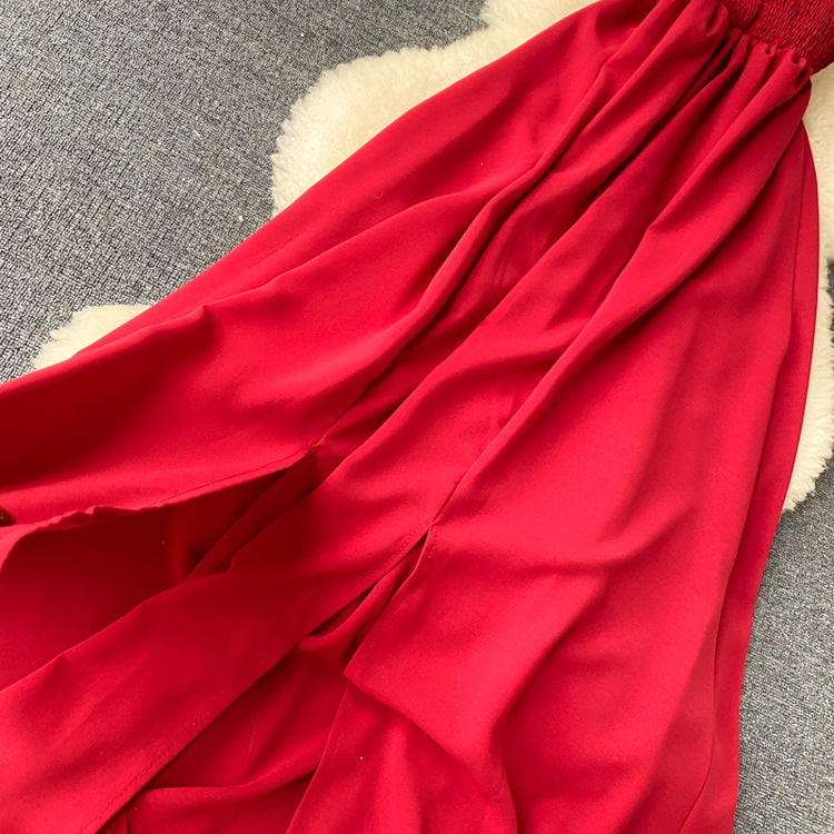 Western-style Sling Elastic Waist Slit Holiday Dress