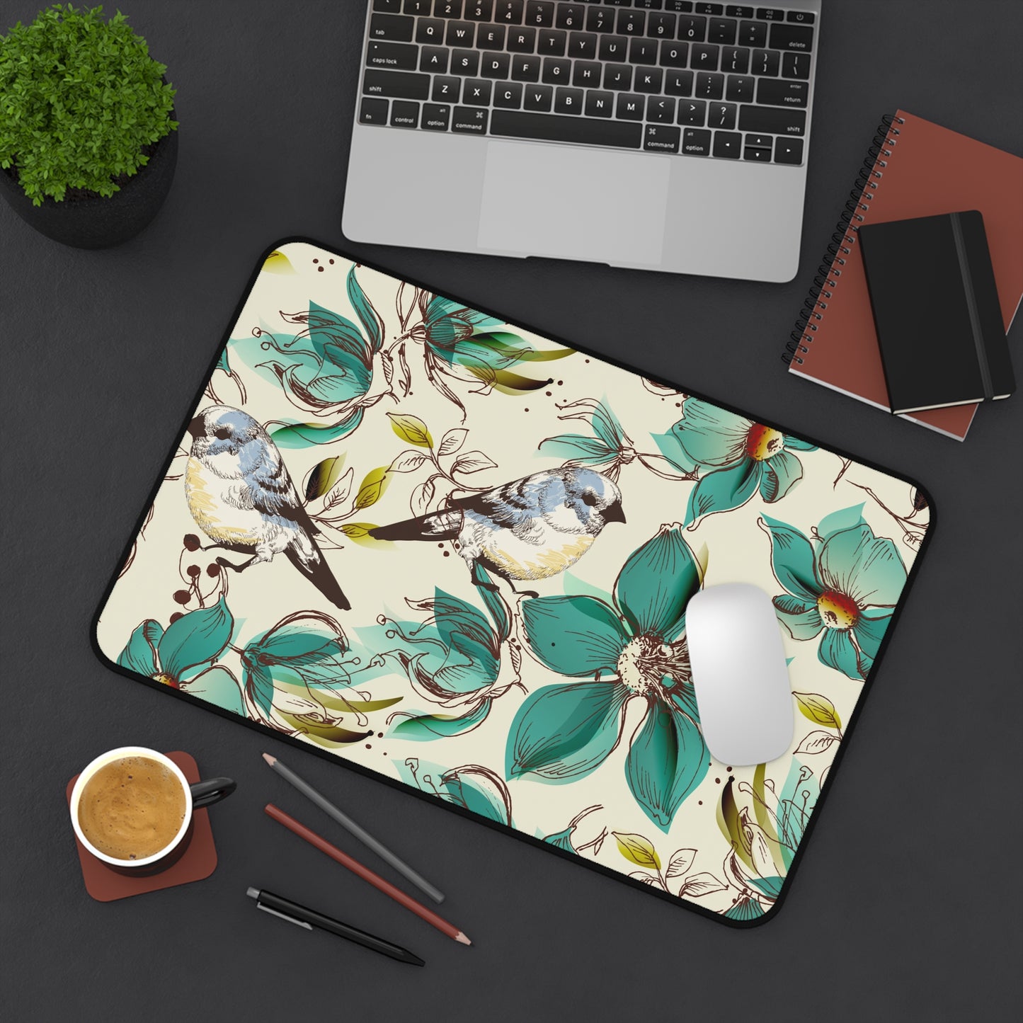 Stylish Floral Desk Mat with Birds - Office Decor, Gift for Nature Lovers, Study Accessory, Computer Mouse Pad, Home Workspace