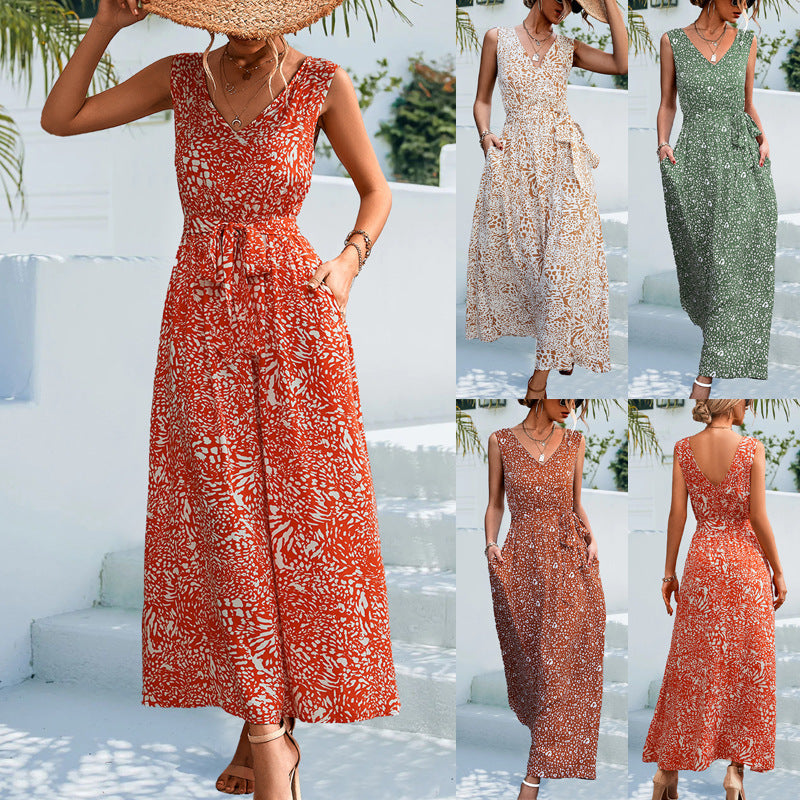 Women's V-neck Lace-up Long Dress