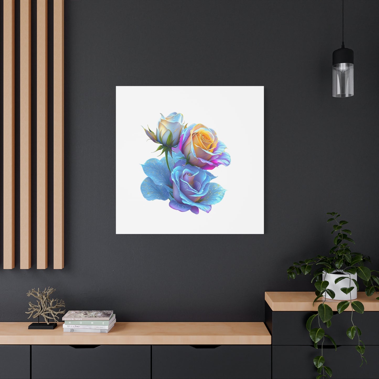 Elegant Blue & Gold Rose Matte Canvas Art - Stretched Wall Decor