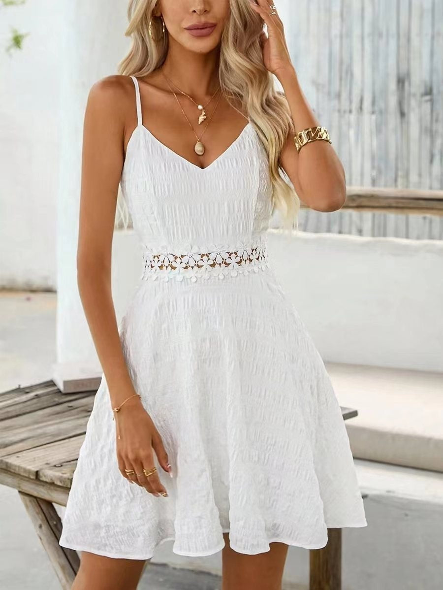 Sling Stitching Lace Dress V-neck Casual