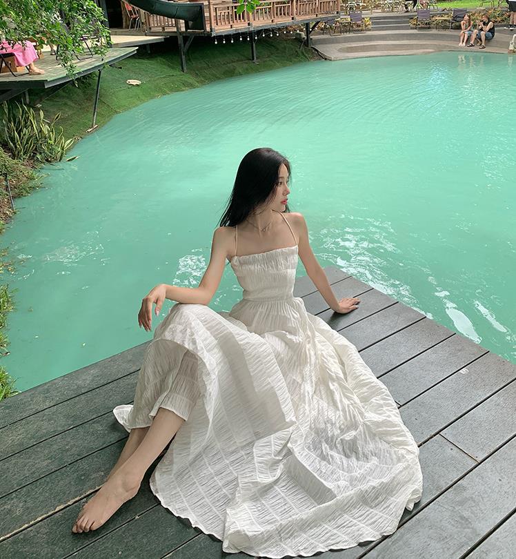 Summer Seaside Waves A Blue Sheer Vacation-style Backless Dress