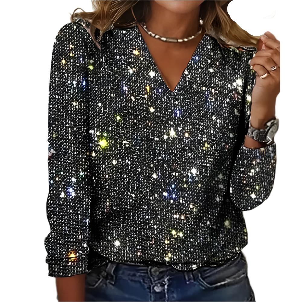 Women's Long Sleeves V-neck Christmas Shiny T-shirt