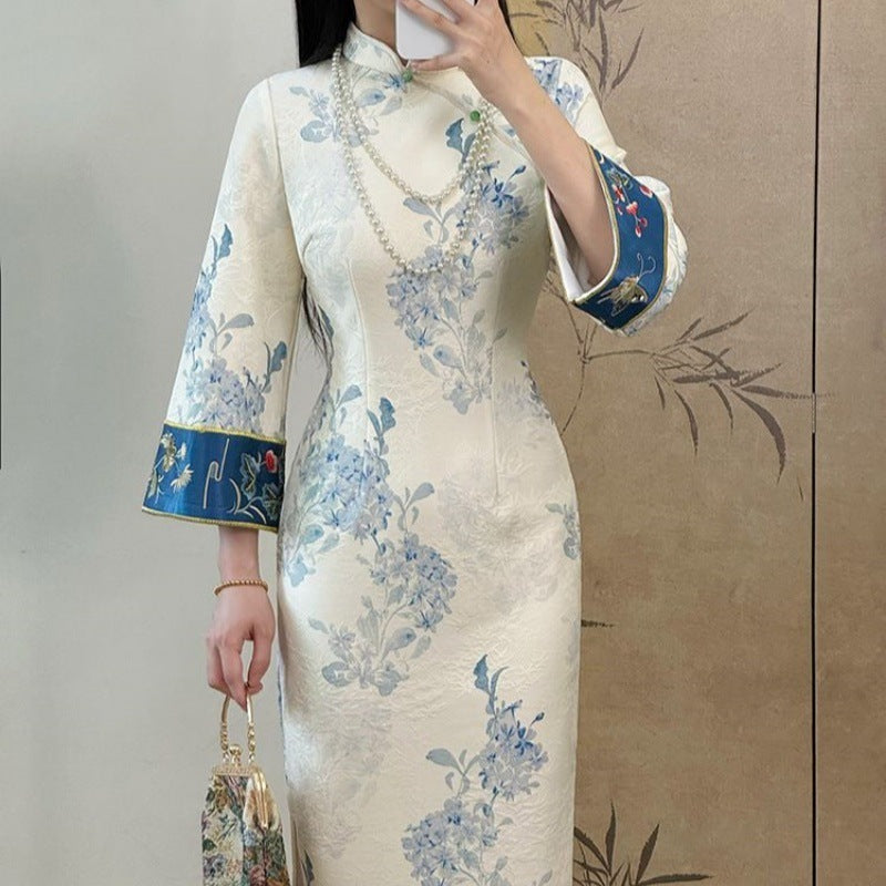 Fleece-lined Cheongsam Improved Young Printed Slim Fit Dress