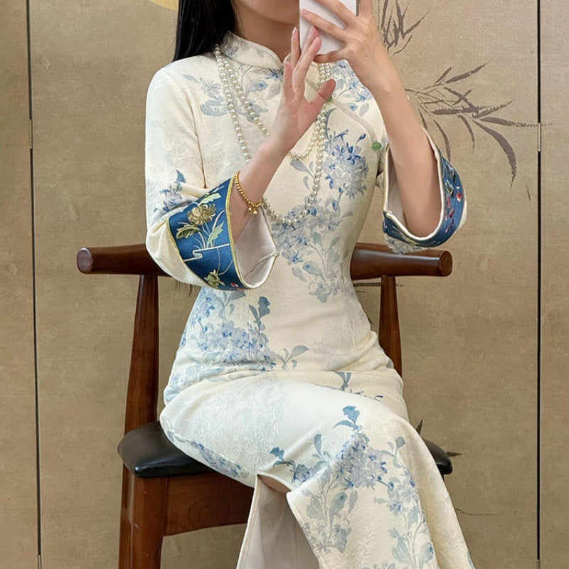 Fleece-lined Cheongsam Improved Young Printed Slim Fit Dress