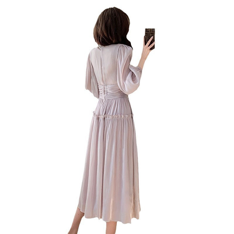 Women's Fashion Tassel Pleated Bright Silk Dress