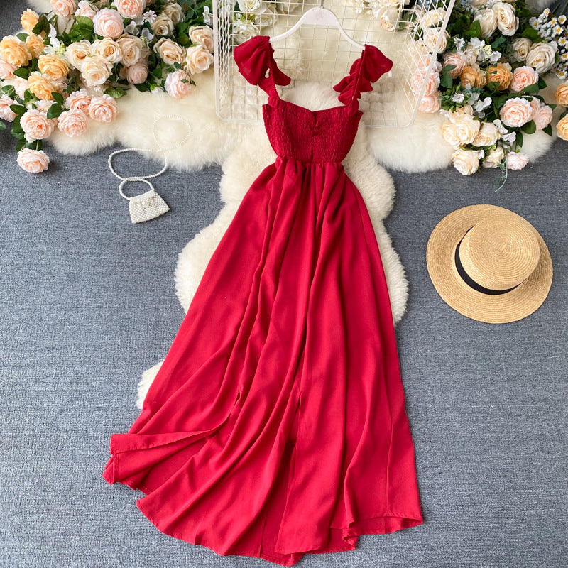 Western-style Sling Elastic Waist Slit Holiday Dress