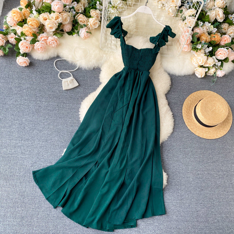 Western-style Sling Elastic Waist Slit Holiday Dress
