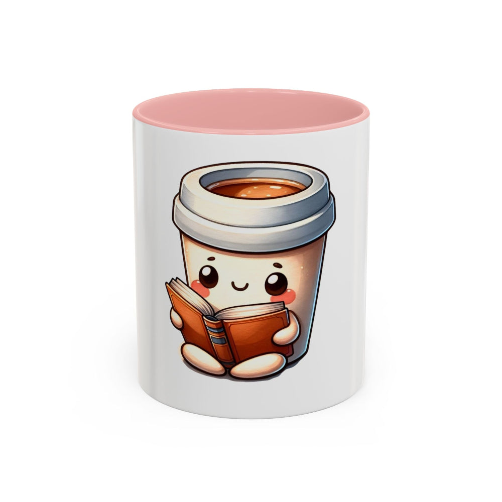 White mug with pink interior, featuring a cartoon coffee cup design holding a book.
