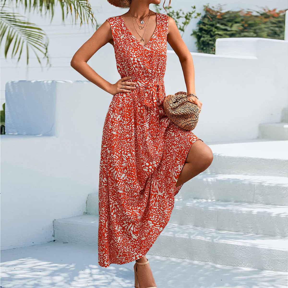 Women's V-neck Lace-up Long Dress