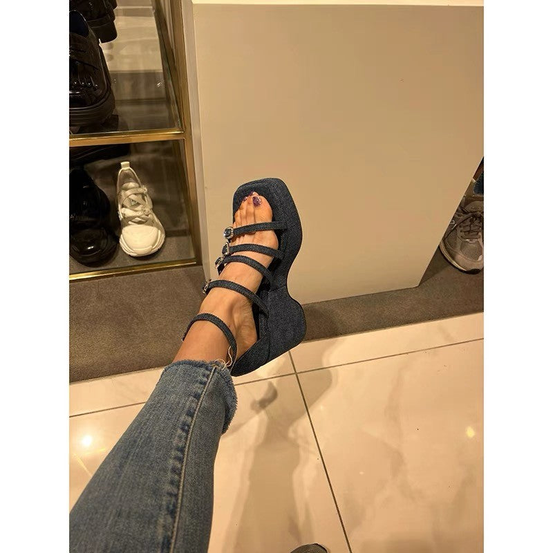 Women's Heart Shape Rhinestone Platform Wedge Roman Sandals