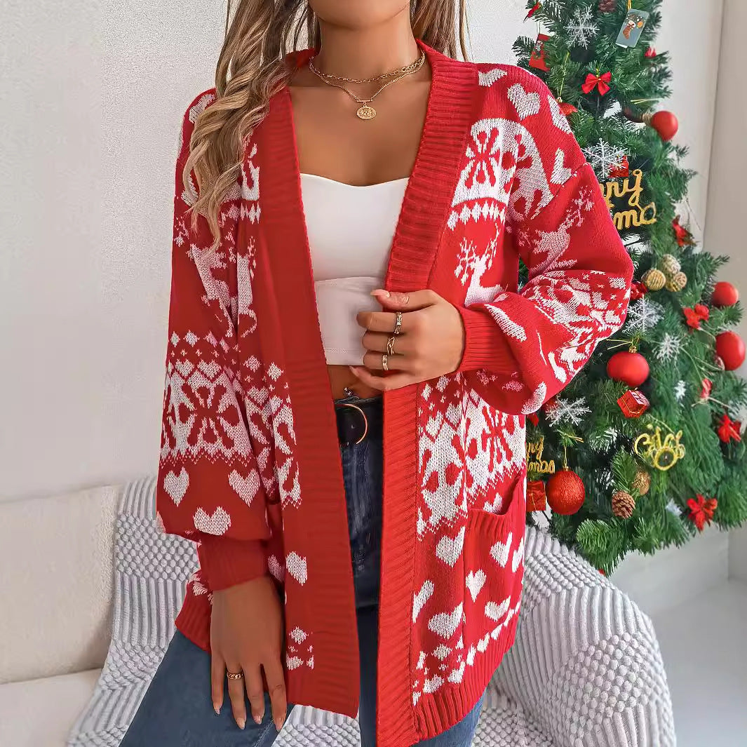 Christmas Clothes Women's Open Front Cardigan Knitwear Lantern Sleeve Xmas Printed Oversized Deer Sweater Pockets Knitted