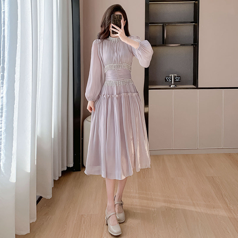 Women's Fashion Tassel Pleated Bright Silk Dress