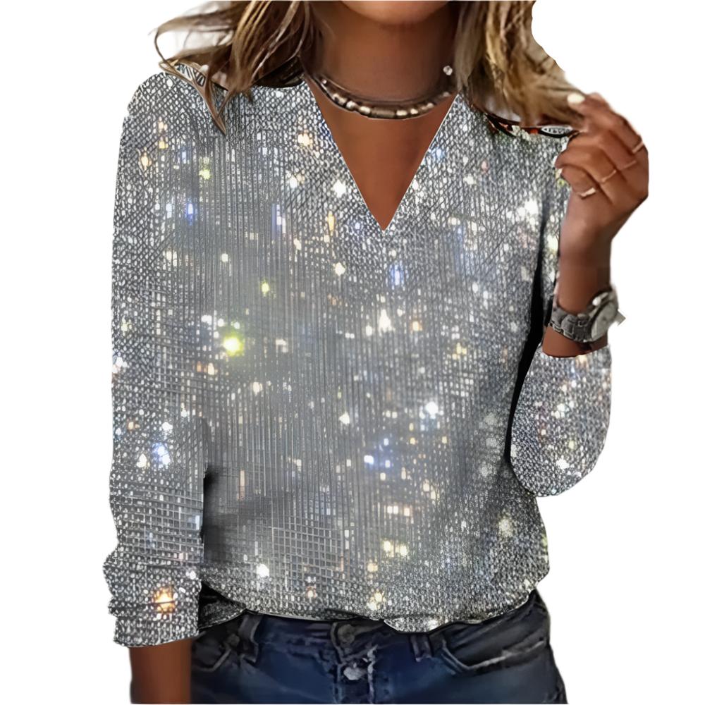 Women's Long Sleeves V-neck Christmas Shiny T-shirt
