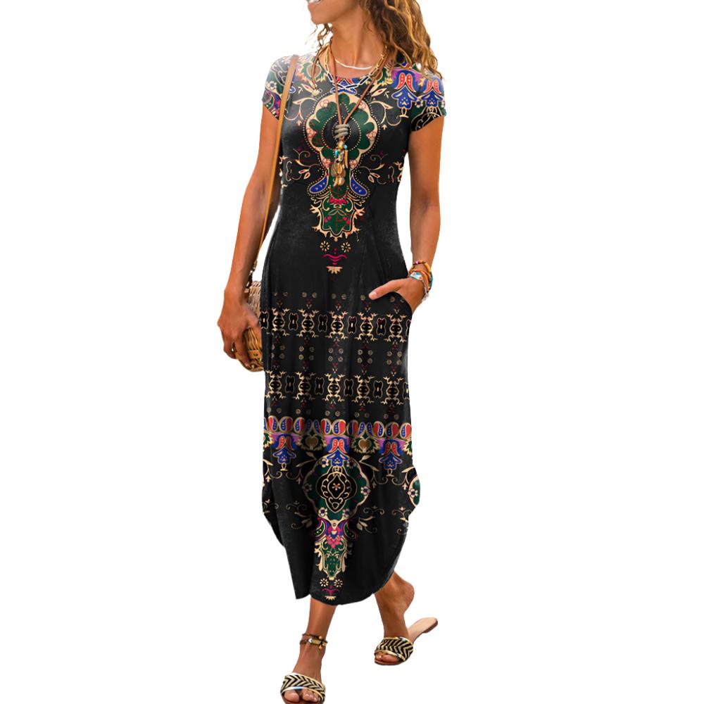 Women's Round Neck Pocket Short Sleeve Fashion Print Dress