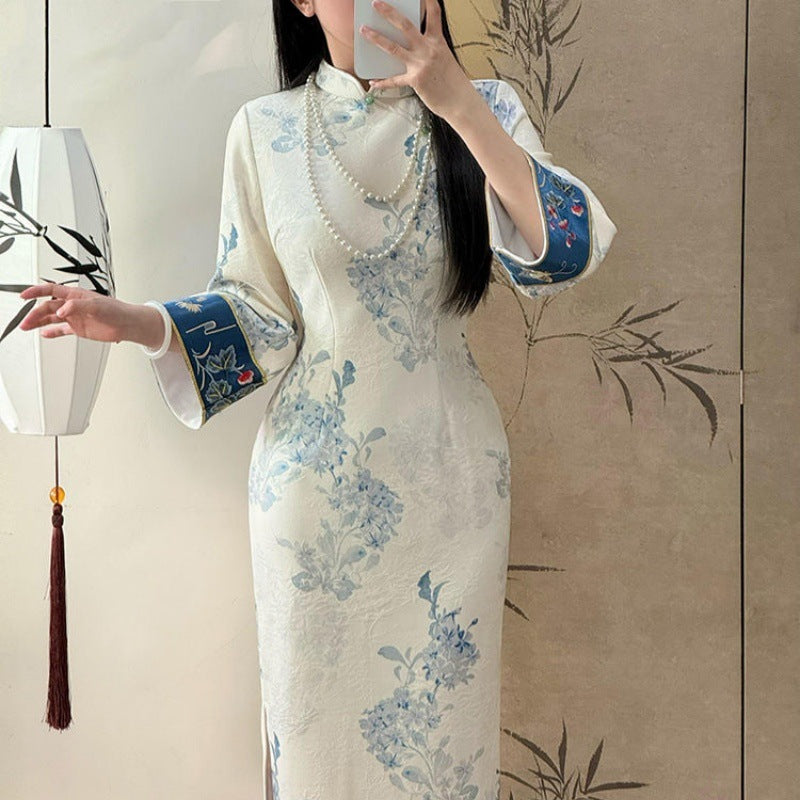 Fleece-lined Cheongsam Improved Young Printed Slim Fit Dress