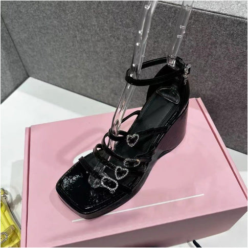 Women's Heart Shape Rhinestone Platform Wedge Roman Sandals