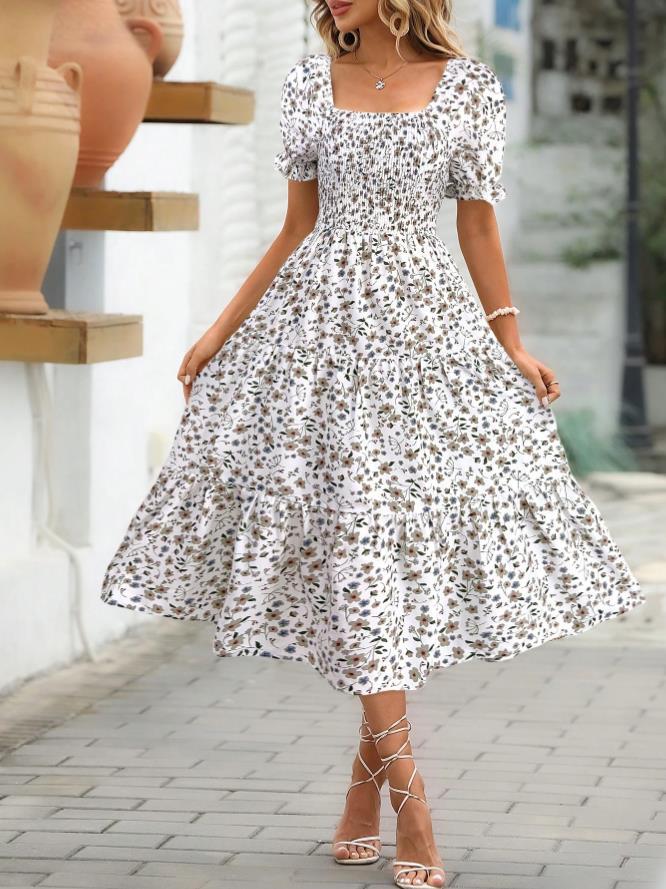 Square Collar Waist-tight Puff Sleeve Layered Dress