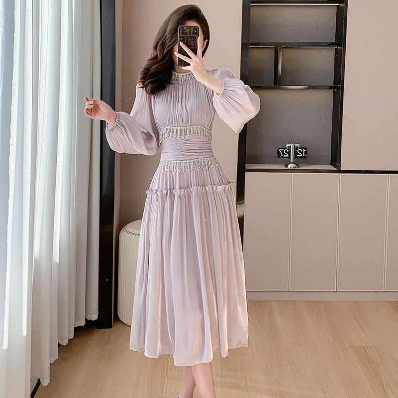 Women's Fashion Tassel Pleated Bright Silk Dress