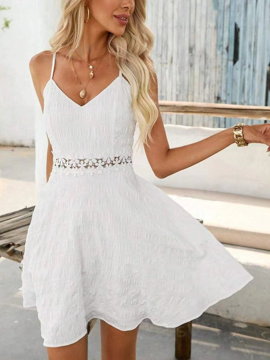 Sling Stitching Lace Dress V-neck Casual