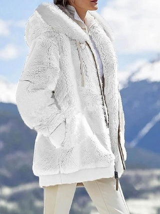 Plush Long Sleeves With Zippered Pockets And Hooded Warm Jacket
