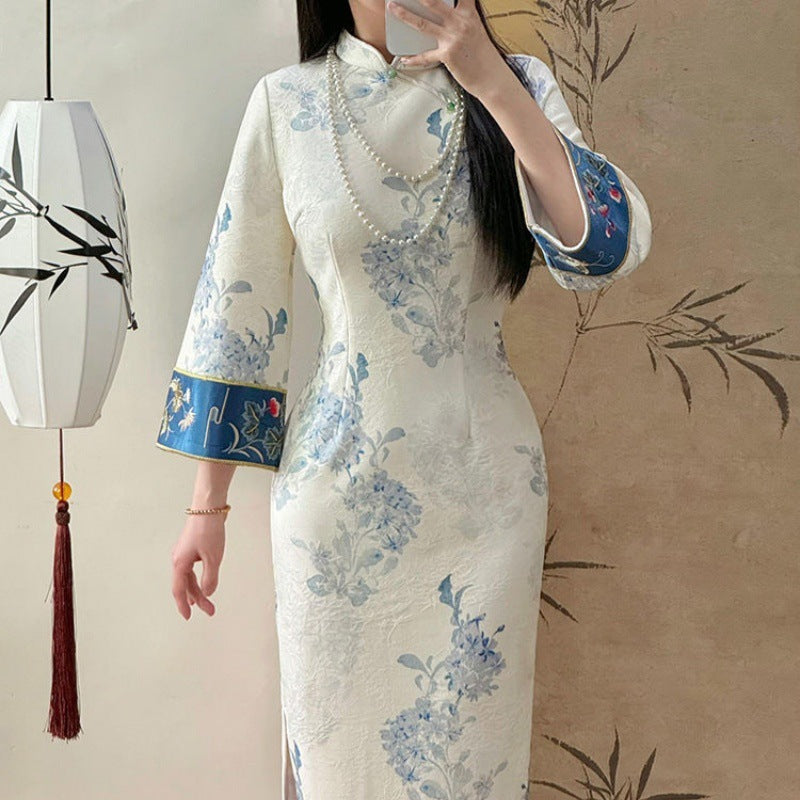 Fleece-lined Cheongsam Improved Young Printed Slim Fit Dress