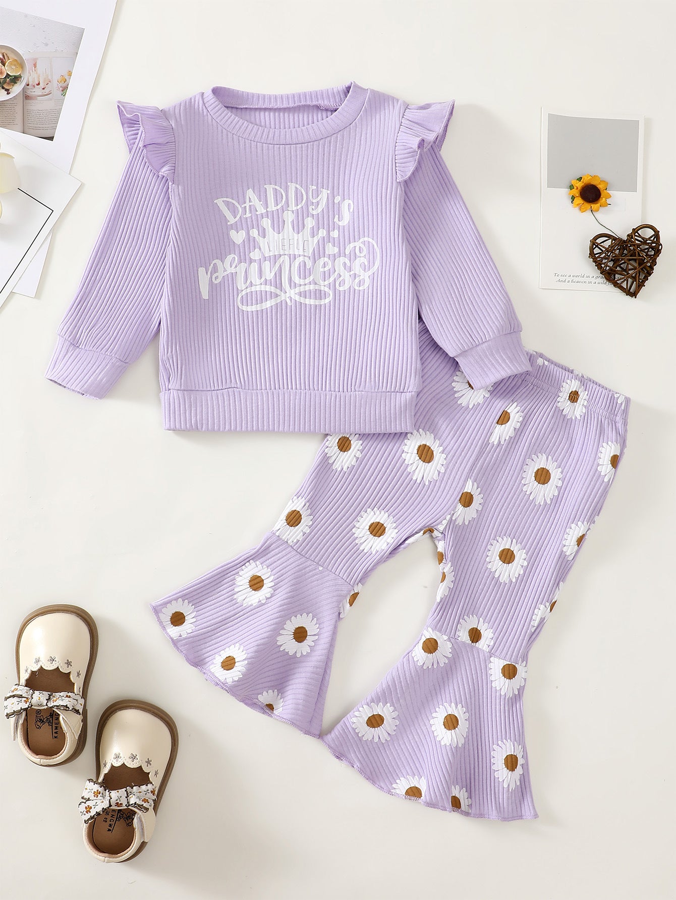 Baby Girl Cute Long Sleeve Sunken Stripe Top Flower Print Trousers Two-piece Set