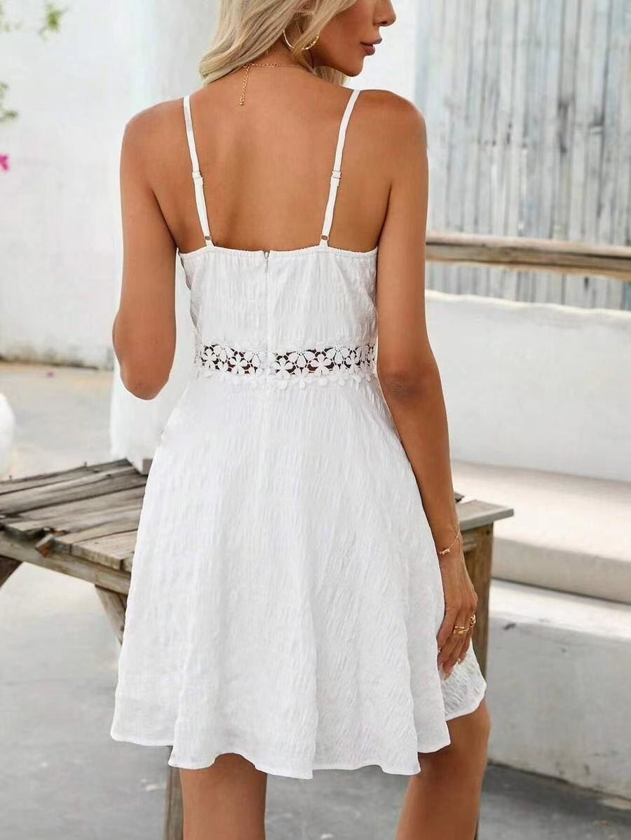 Sling Stitching Lace Dress V-neck Casual