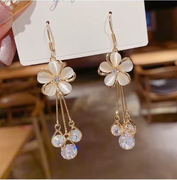 Elegant Gold Floral Crystal Dangle Earrings