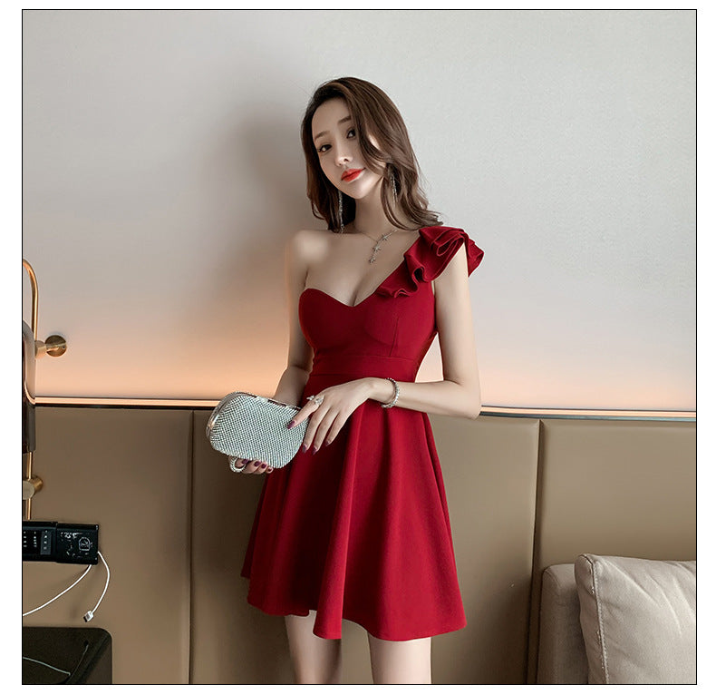 Nightclub Women's Fashion Temperament Goddess Fan Clothes Night Market Low-Cut Slanted Shoulder Wine Red Dress