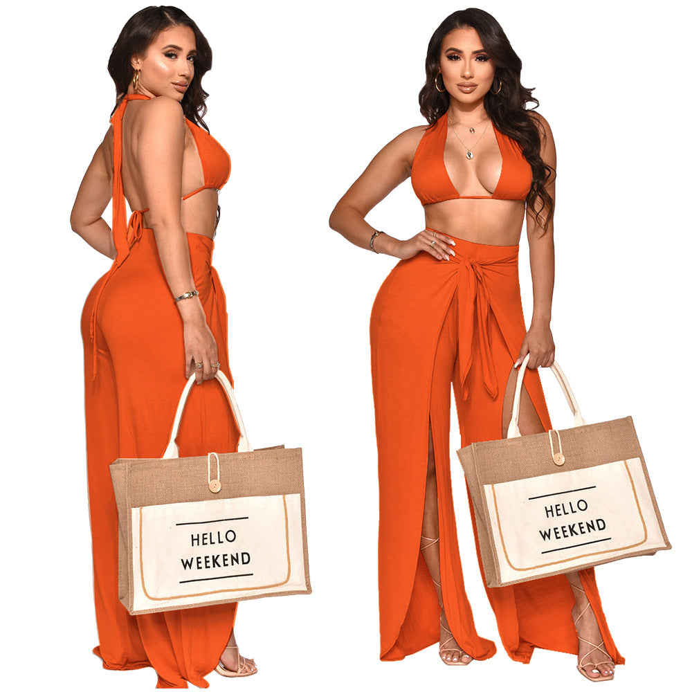 Women's Neck-hanging Solid Color Two Piece Suit Summer
