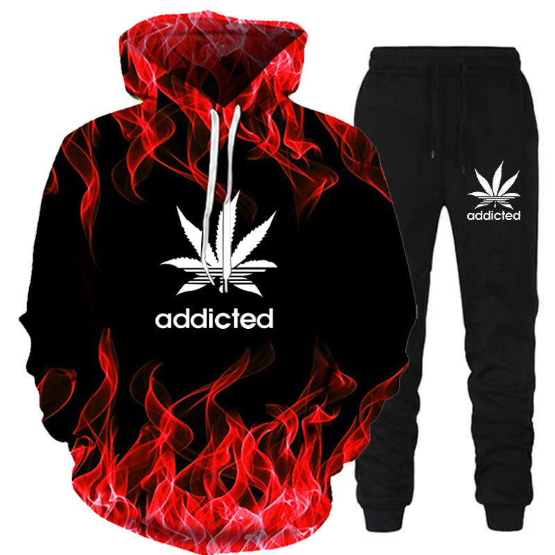 New 3d Flame Hooded Sweater Pants Set