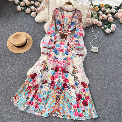 French Royal Style Deep V-neck Long Sleeve Printed Dress