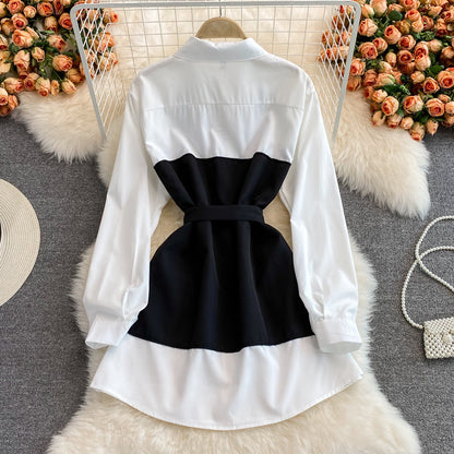 Women's Sleeve Waist Shirt Tie Lapel Dress