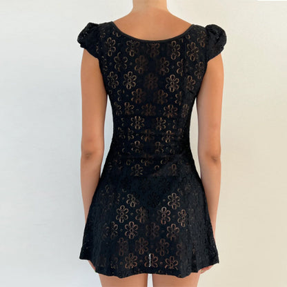 V-neck Short Sleeve Hollow-out Short Dress