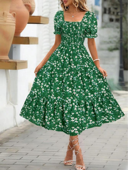 Square Collar Waist-tight Puff Sleeve Layered Dress