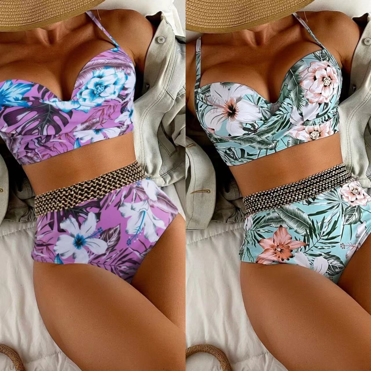 European And American New Floral Split Ribbon High Waist Conservative Swimsuit