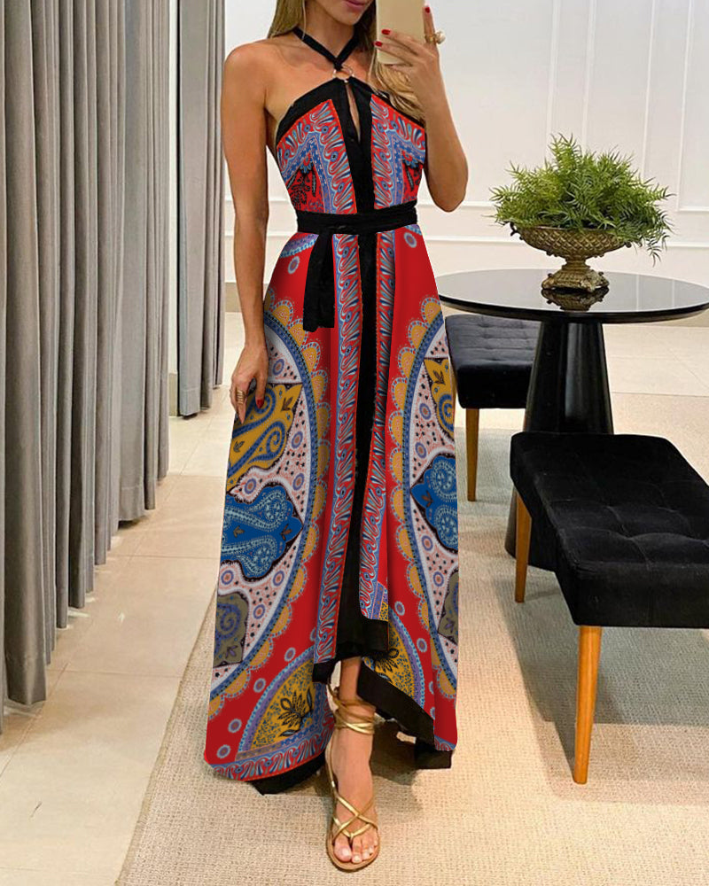 European And American New Floral Halter Neck High Slit Dress