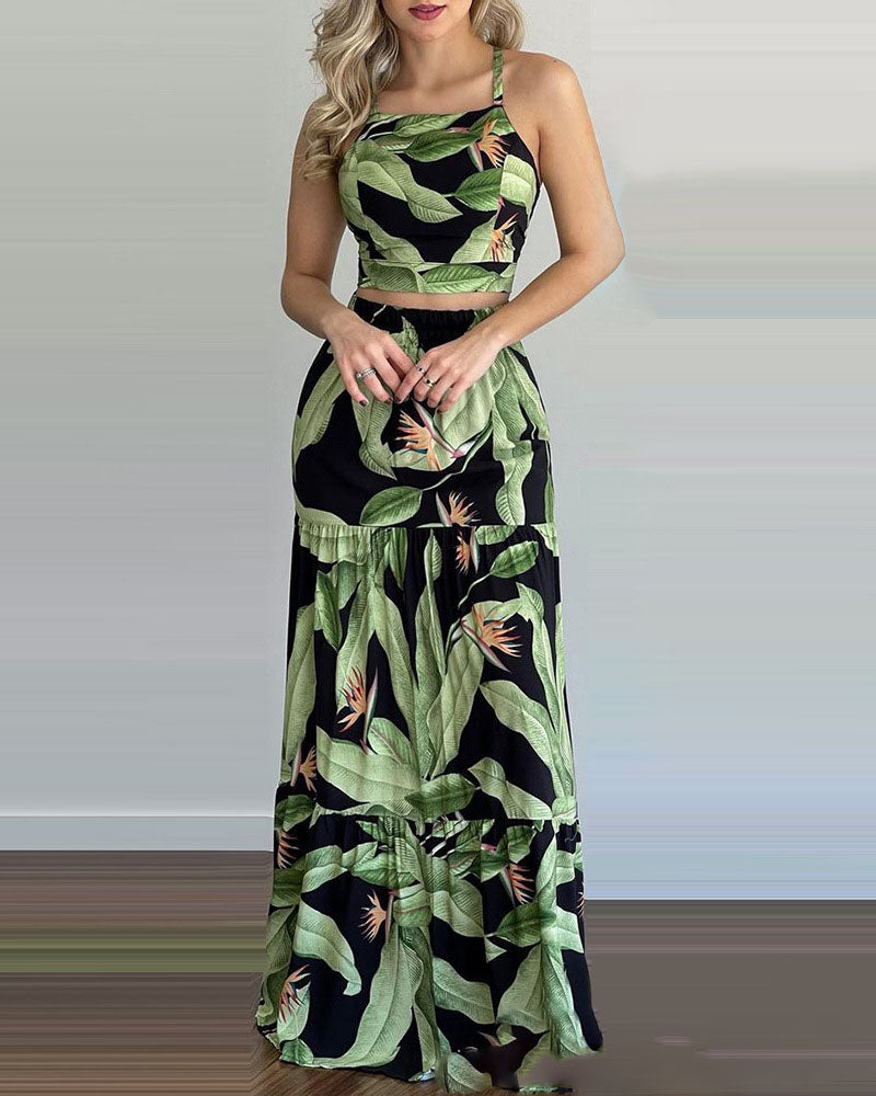 Green Plant Print Suspender Skirt