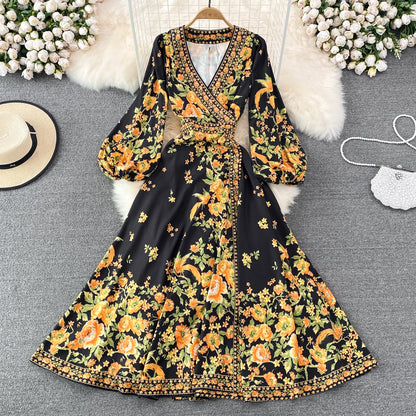 Floral Print Retro Pleated Elegant Puff Sleeve Dress A-line High Waist Boho Beach Vacation