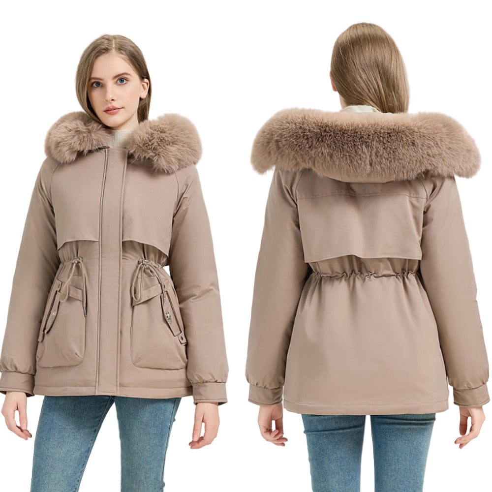 Beige parka with fur hood worn by a model on a white background