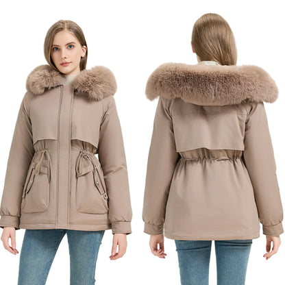 Beige parka with fur hood worn by a model on a white background