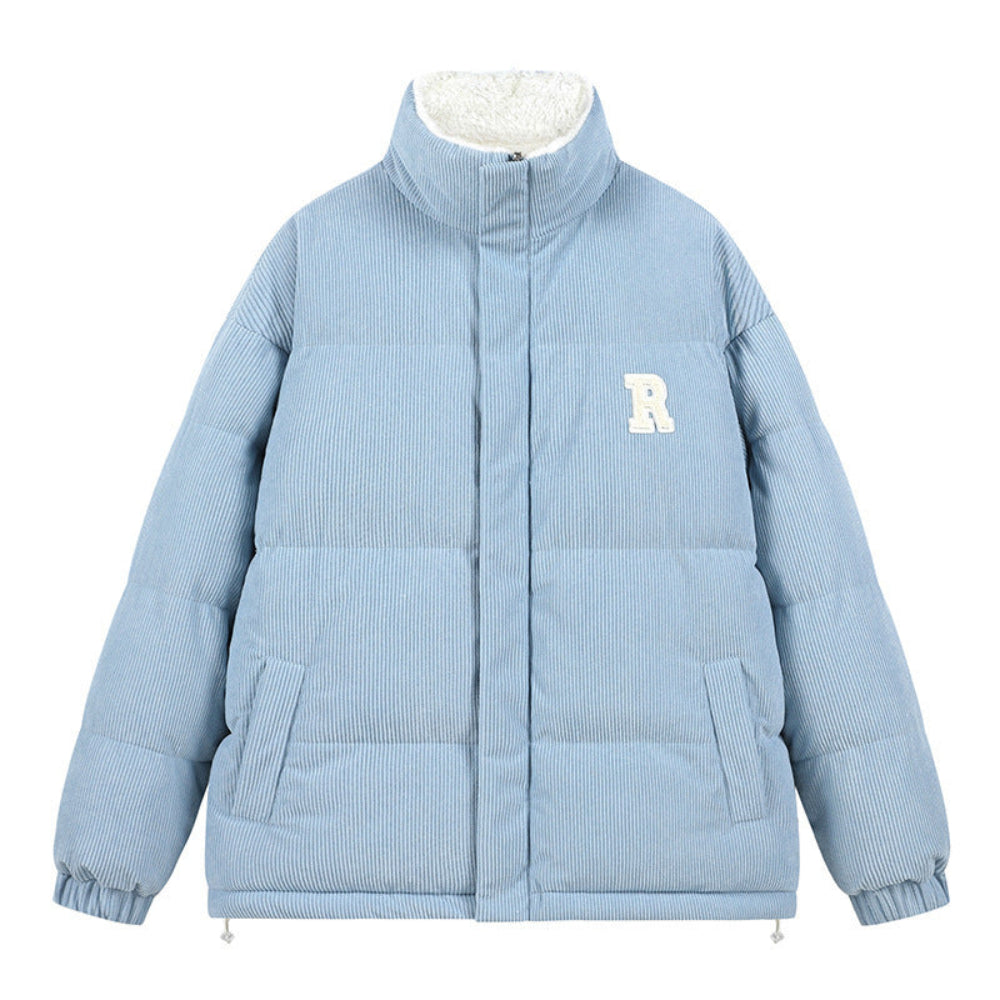Light blue puffer jacket with a white 'R' logo on a white background