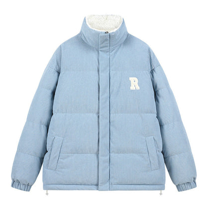 Light blue puffer jacket with a white 'R' logo on a white background