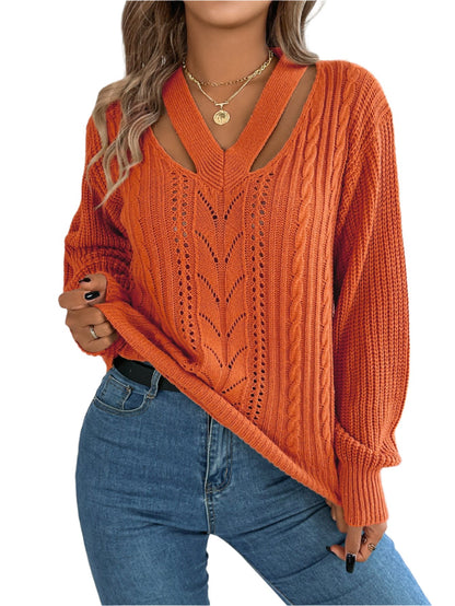 Hollow Out V-neck Twist Lantern Sleeve Pullover Sweater