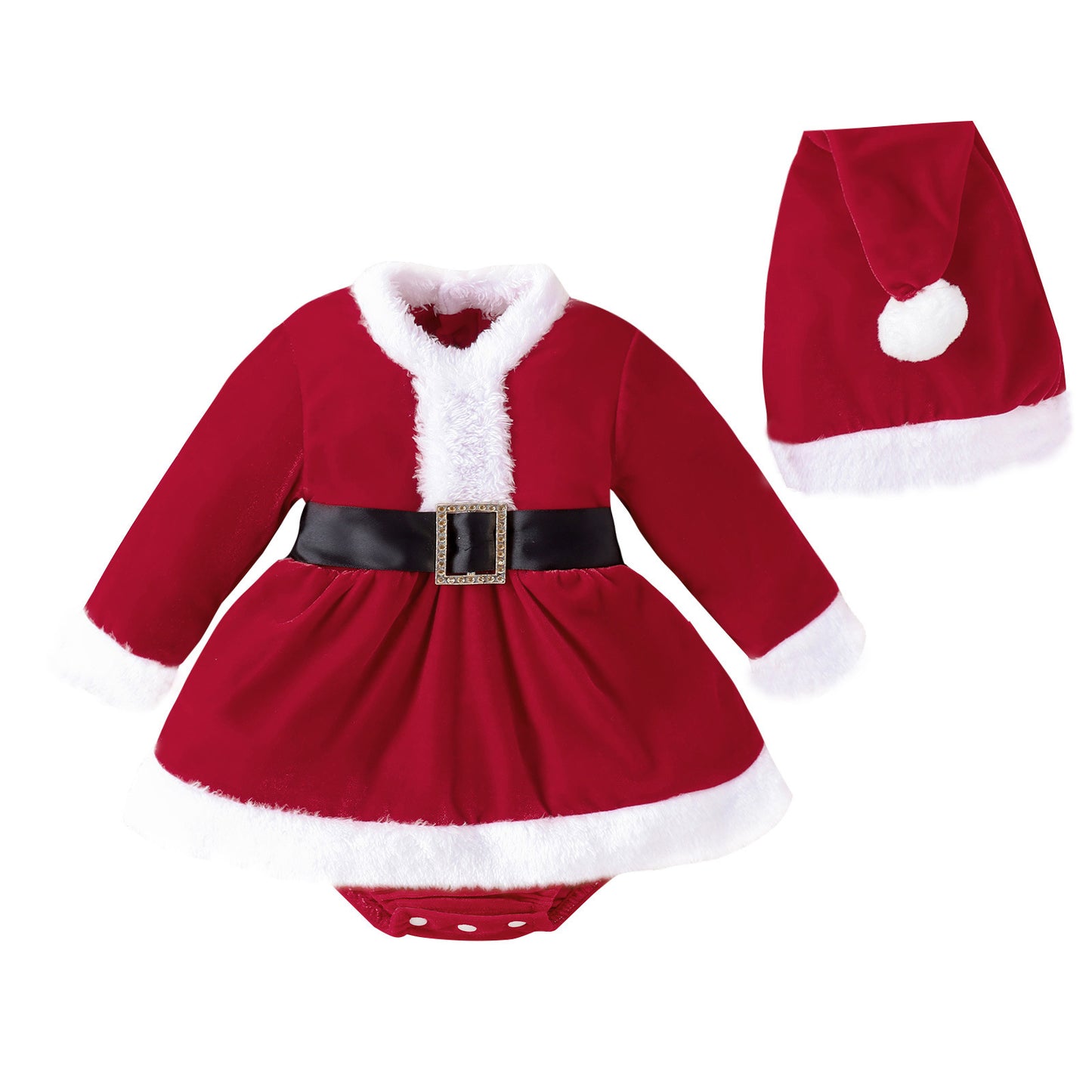 Christmas Pleuche Long Sleeve Stitching Furry Skirt Belt Hat Bottom-covering Rompers