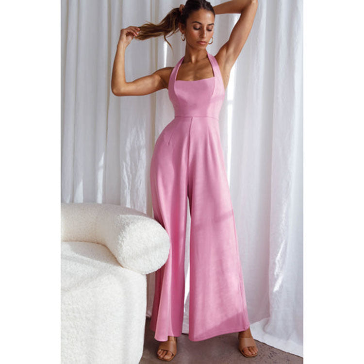 Women's Pure Color Halter Backless Wide Leg Leisure Jumpsuit