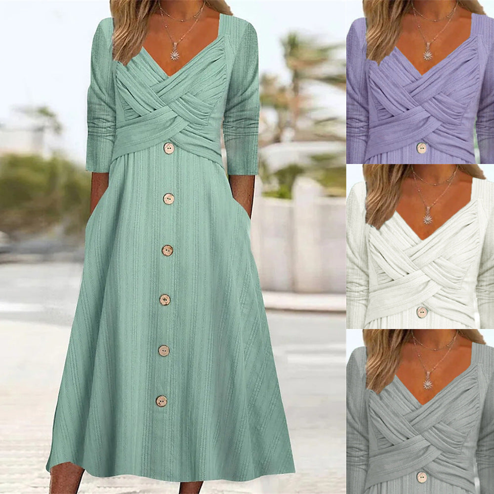 V-neck Cross Button Casual Dress Women